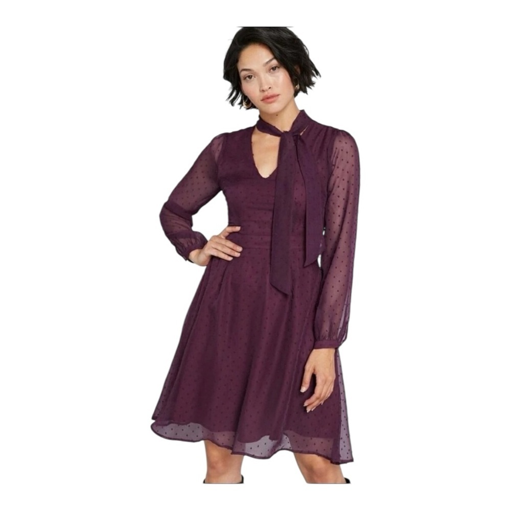 Modcloth Apogee Of Elegance Long Sleeve Chiffon Polka Dot Purple Dress NWOT 8